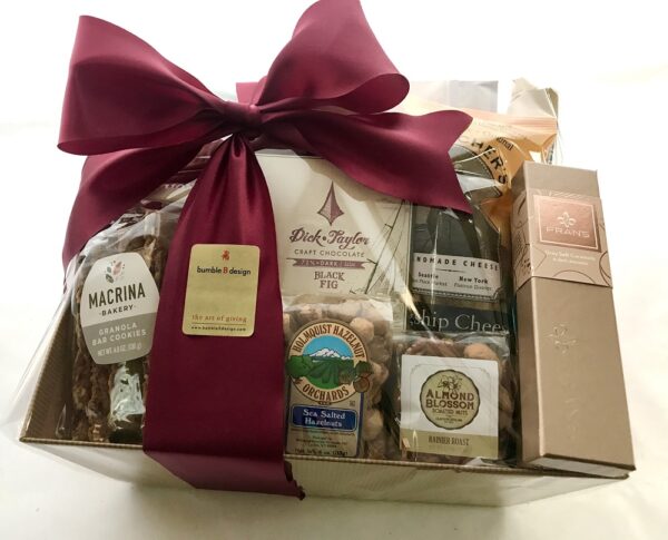 West Coast Basket - gift basket featuring sweet & savory snacks from WA, OR, & CA, like roasted nuts, dried cherries, craft chocolates, & more.