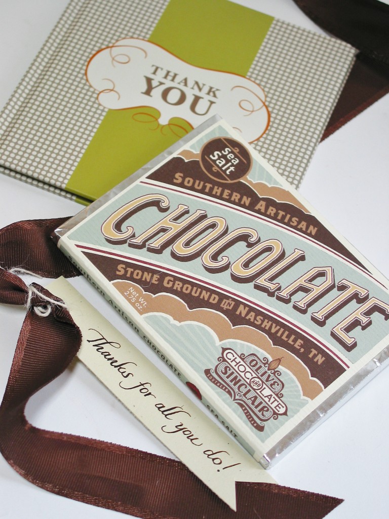 custom thank you gift at bumble B design: Olive & Sinclair chocolate bar, Thank You book from Compendium Inc., & hand-calligraphed thank you tag