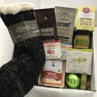 Warm & Fuzzy Gift Box - with black slipper socks, bath salts, tea, sipping broth, cookies