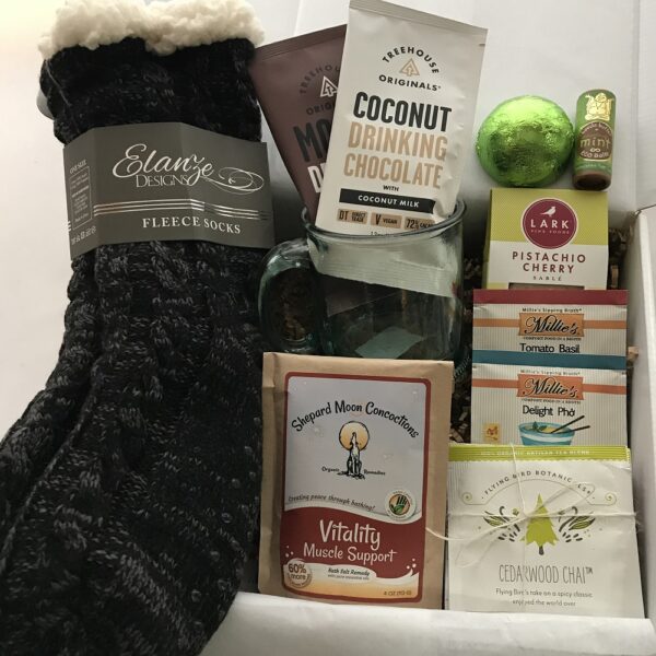 Warm & Fuzzy Box - $85-with black slipper socks + recycled mug