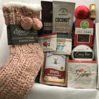 Warm & Fuzzy Box - $85-with pink slipper socks, bath salts, teas, & hot cocoa
