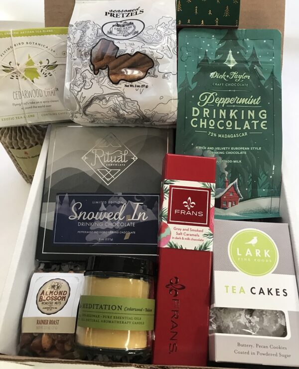 Winter Warmer Box-$105 - warming hot chocolate, teas, beeswax candle, spiced nuts & more snacks - holiday gift