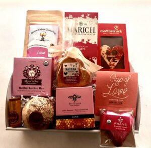 Basket of Love - small $115: love themed gift basket with relaxation products, chocolates, snacks, & teas.