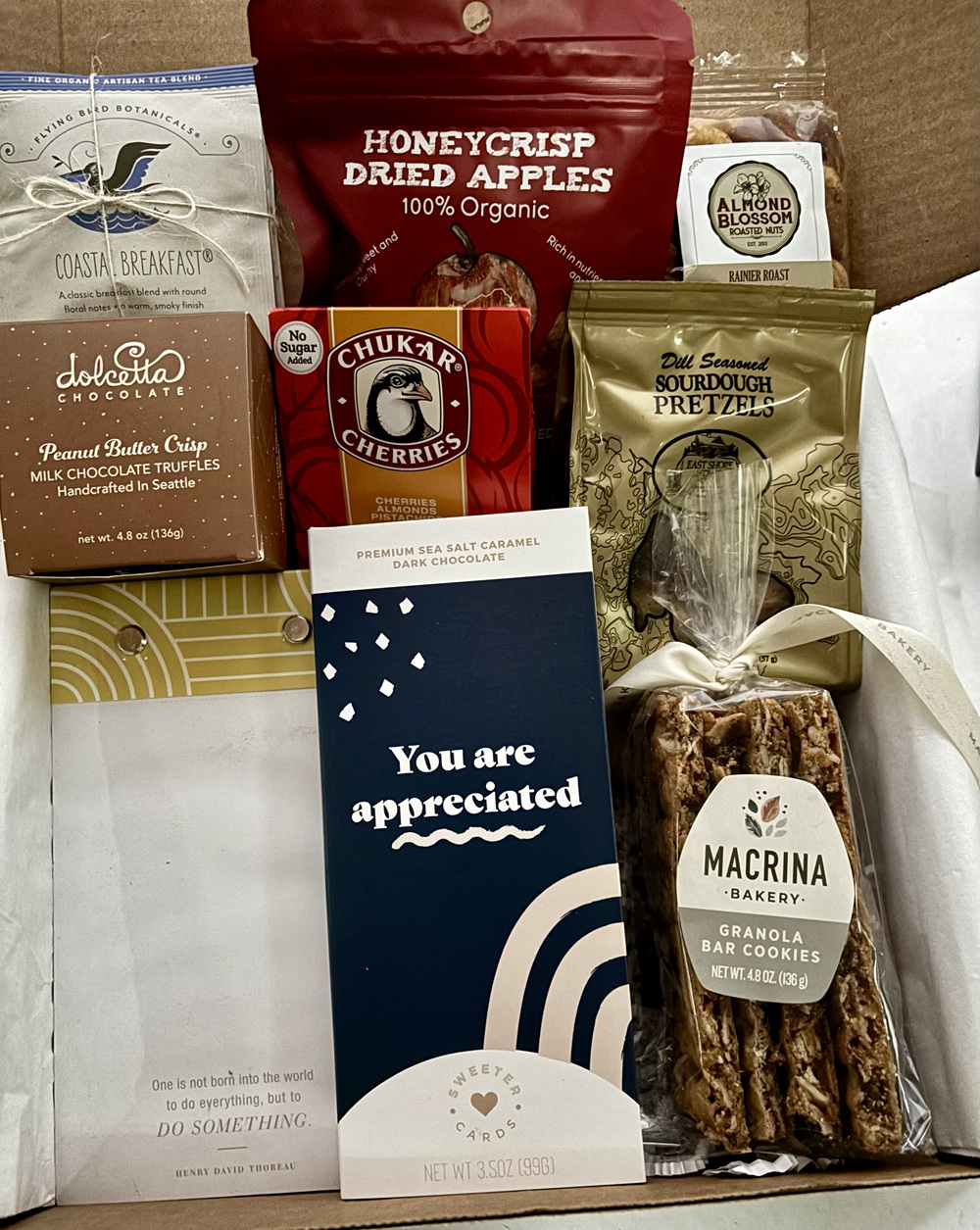 Appreciation Box - $100-contents - notepad Henry David Thoreau quote + snacks + teas