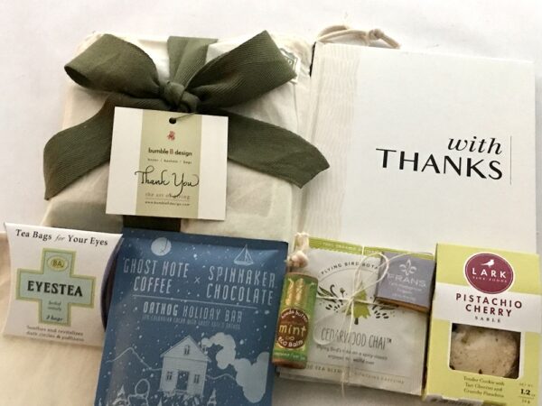 Eco-friendly Thank You Gift Bag - "With Thanks" book , organic teas, cookies, seasonal chocolate bar, & either Eco Balm & Eyestea, or small beeswax travel candle & Tom Bumble Bar