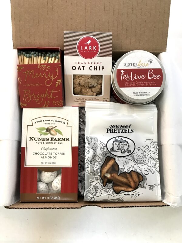 Holiday Cheer Box -with beeswax candle + Merry + Bright matches + snacks