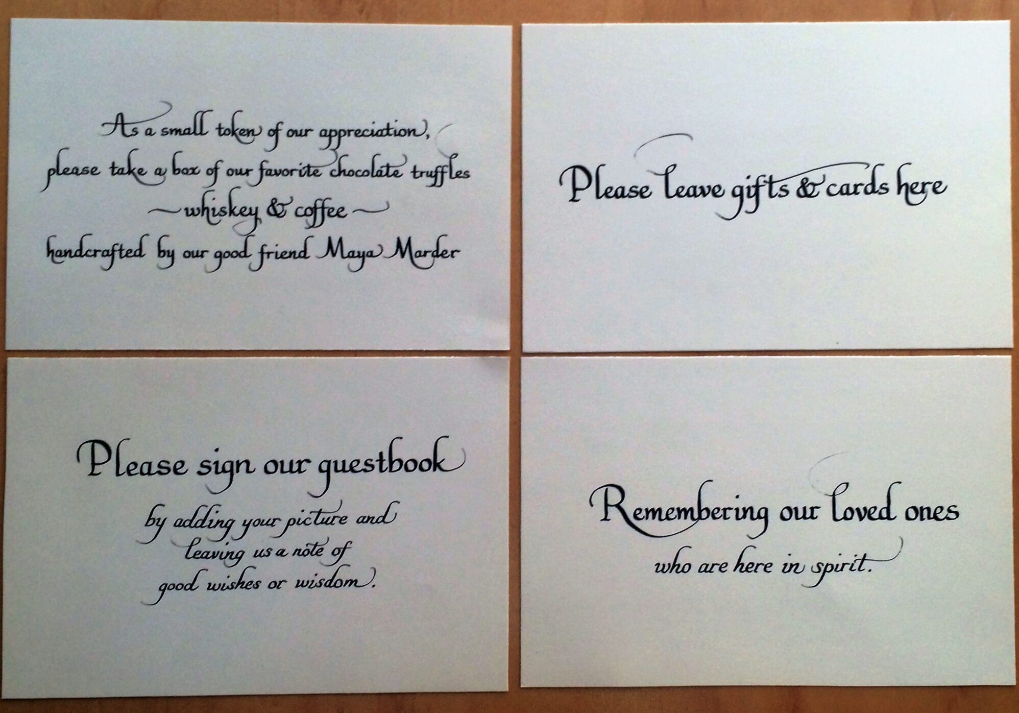 bumble B design - Calligraphy - wedding table signs - Bookhand style, Seattle calligraphy